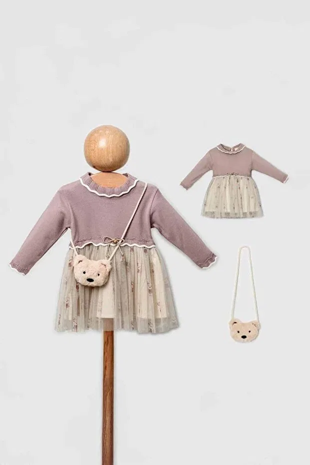 Детский комплект для девочек с принтом Organic teddy bear bag and tulle skirt Minigimin Cicileri, Mor-71011 — фото 4