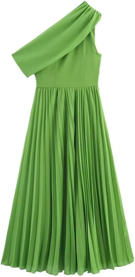 Женское асимметричное платье с одним плечом, плиссированная миди, Soft, Green — фото 2