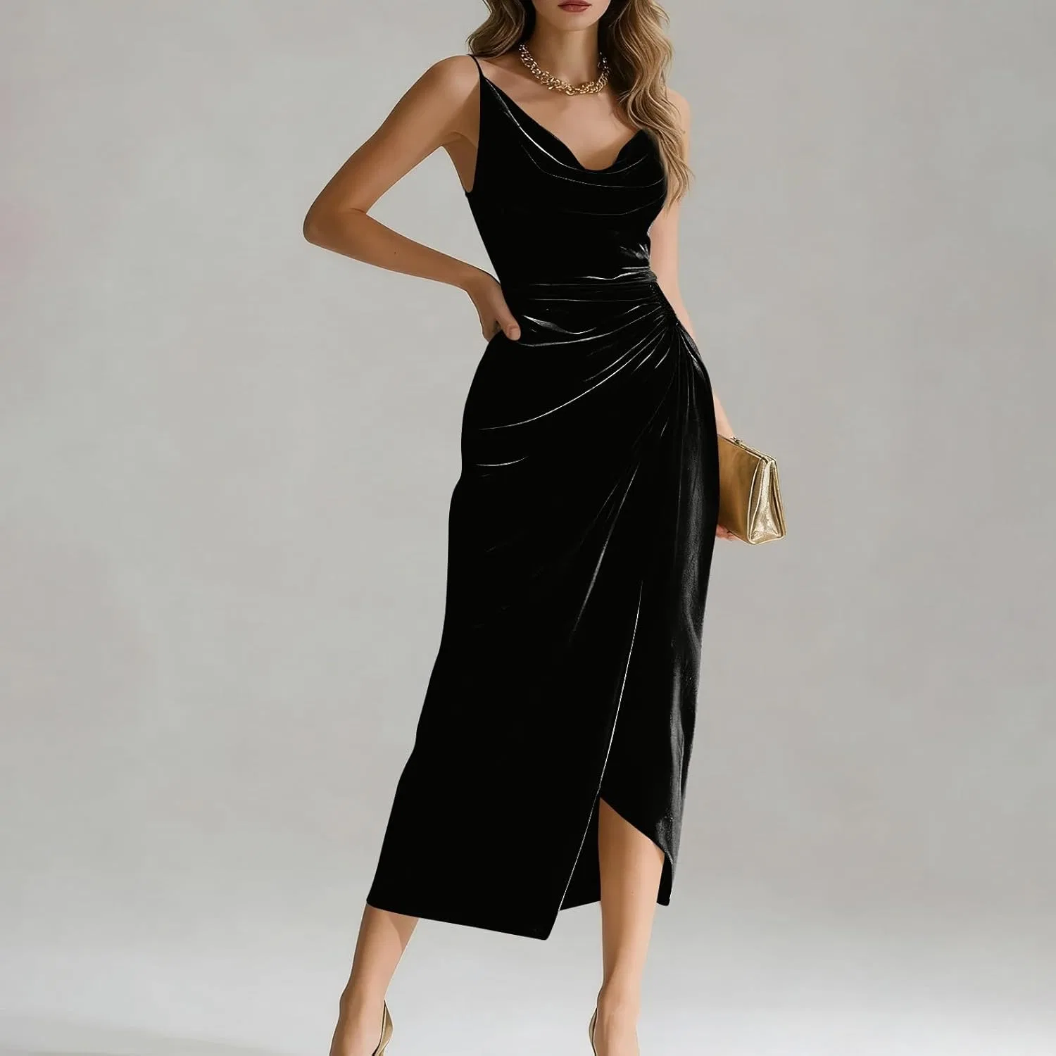 Женское коктейльное платье миди из вельвета и тюля Bodycon, Black — фото 3