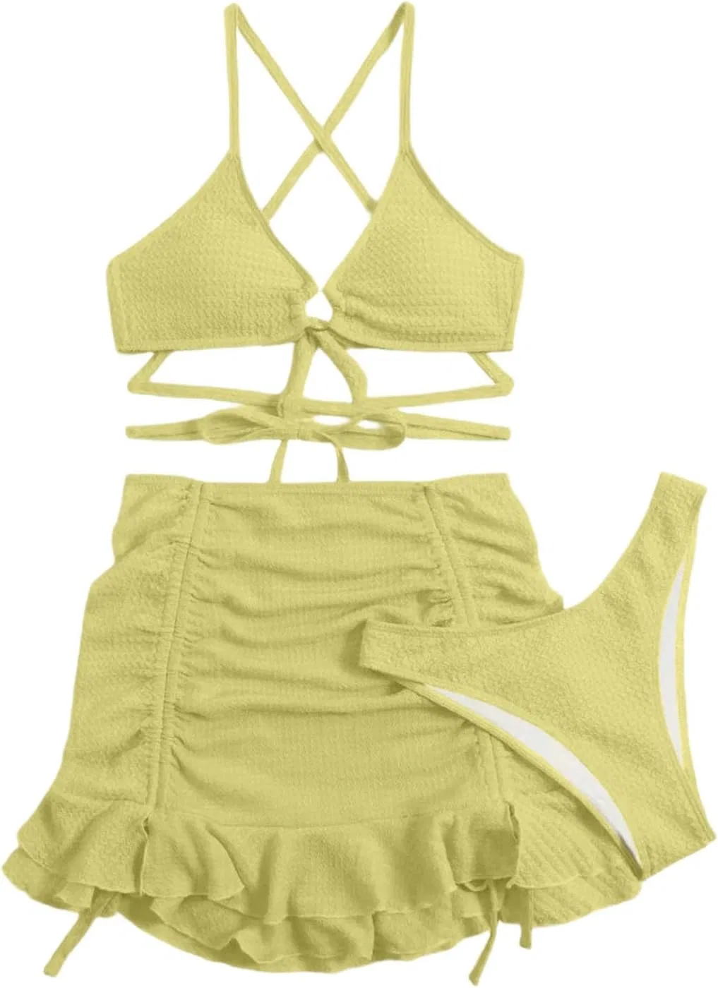 Женский бикини-комплект с рюшами и мини-юбкой, Yellow — фото 4
