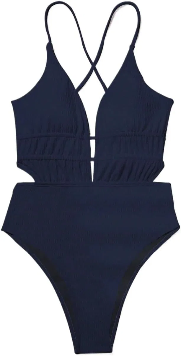 Женский цельнокроеный купальник с перекрестными лямками High Stretch, Navy Blue — фото 3
