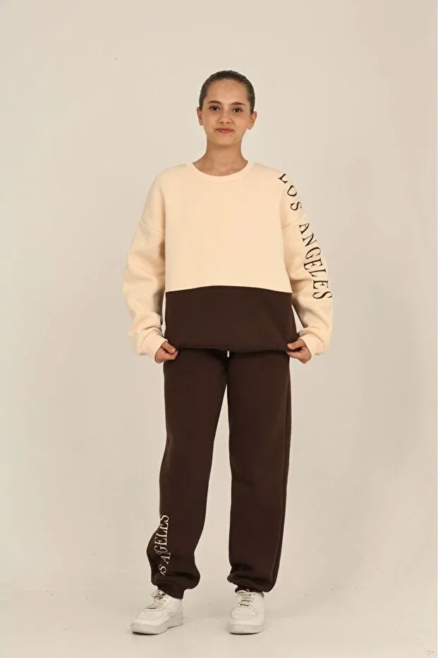 Детский спортивный костюм для девочек с принтом Los Angeles Printed Tracksuit Set Toontoy, Brown