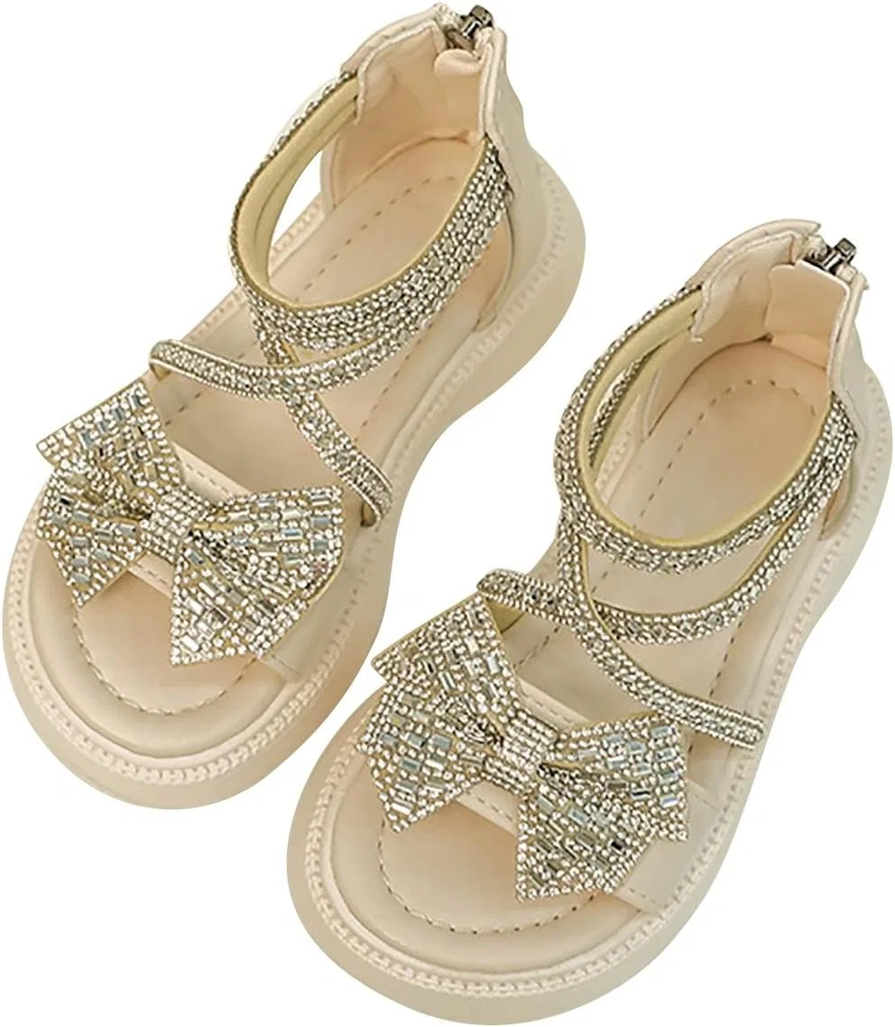 Детские туфли для девочек с открытым носком и блестящим бантом Mary Jane, Beige
