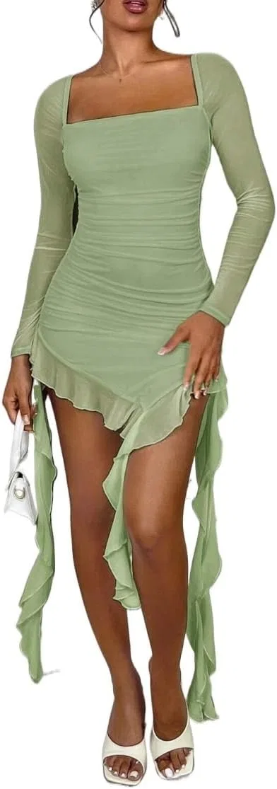 Женское элегантное платье bodycon с квадратным вырезом, Mint Green