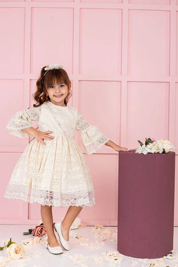 Детское кружевное платье для девочек Süslü Pink Kids, Ecru
