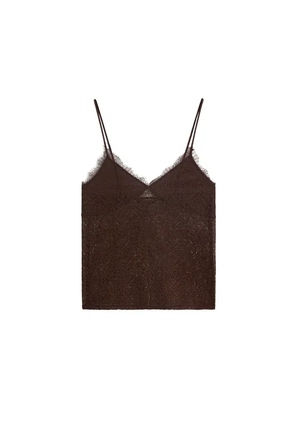 Топ с кружевной отделкой Strappy lace detail top Massimo Dutti, темно-коричневый — фото 4