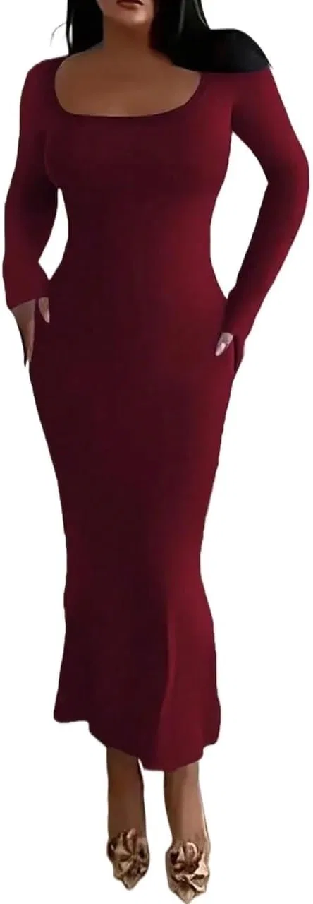 Женское длинное платье макси с длинным рукавом Bodycon, Burgundy