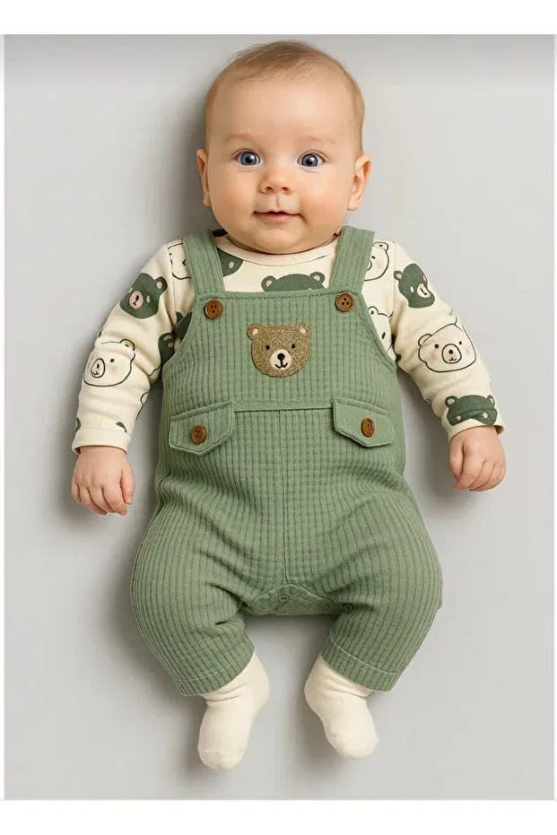 Детский комбинезон с принтом Nafi̇Tto bear embroidered baby boy salopet set of 3 - bodysuit, salopet and socks Babywings, Green