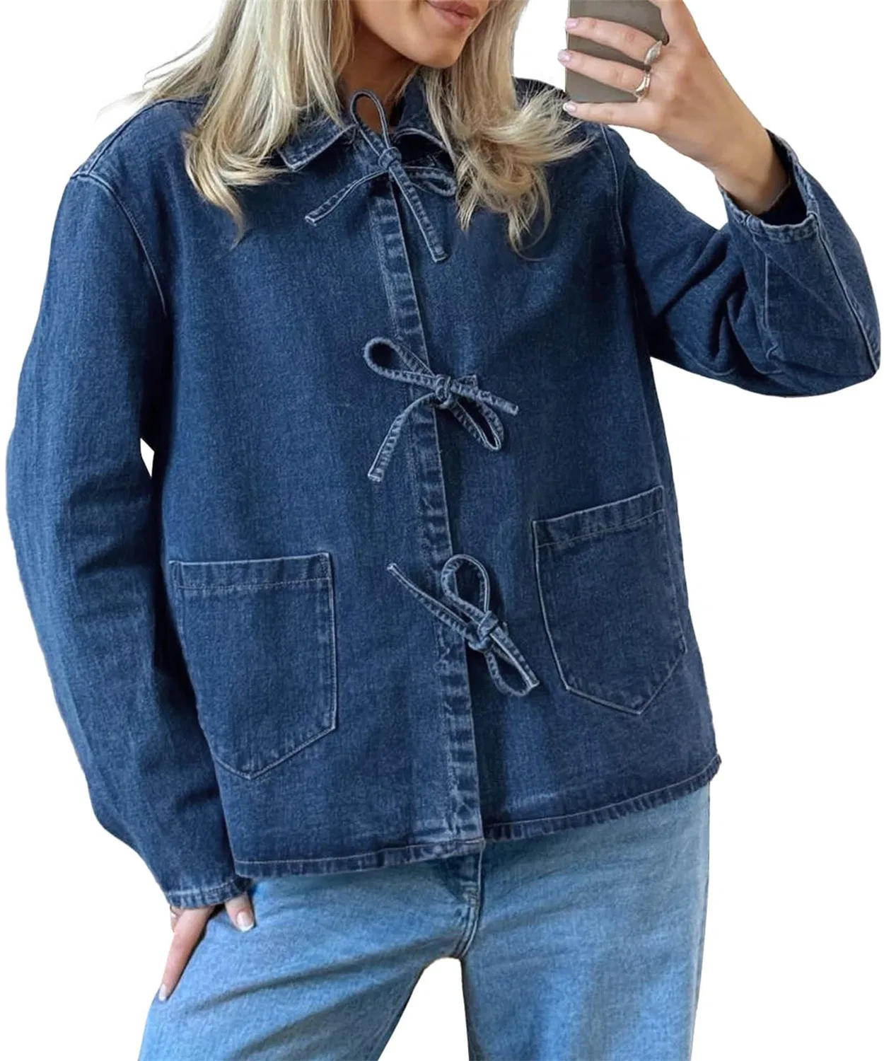 Женская джинсовая куртка с завязкой спереди, dark blue