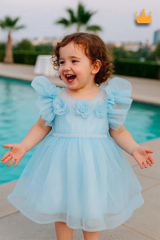 Детское платье для девочек с коротким рукавом Rose Detailed Minimony, Blue
