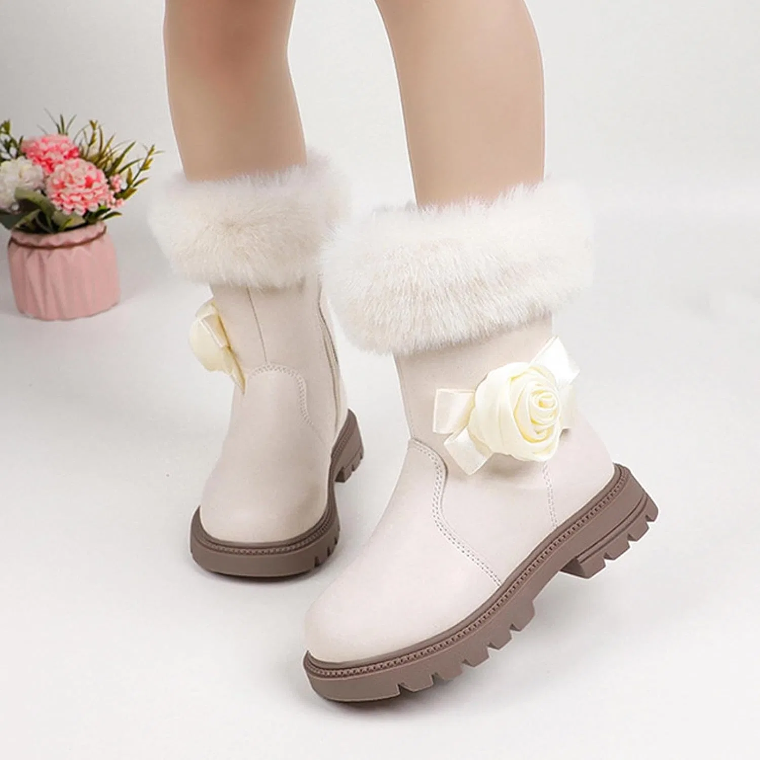 Детские сапоги для девочек с мехом на молнии Zzalalana, Beige — фото 3