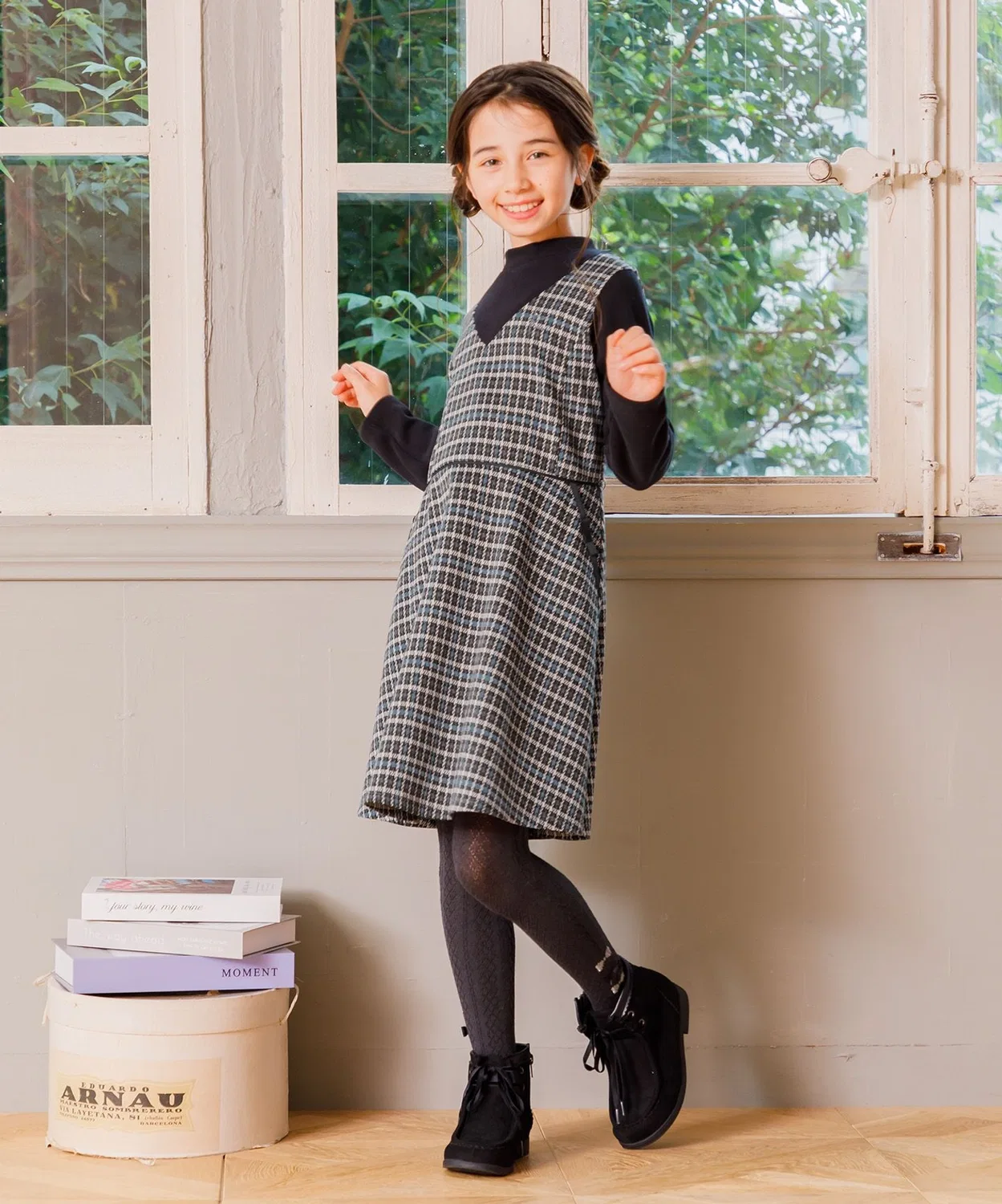 Детское платье для девочек с длинным рукавом модель Check Kumikyoku KIDS, Ivory — фото 2