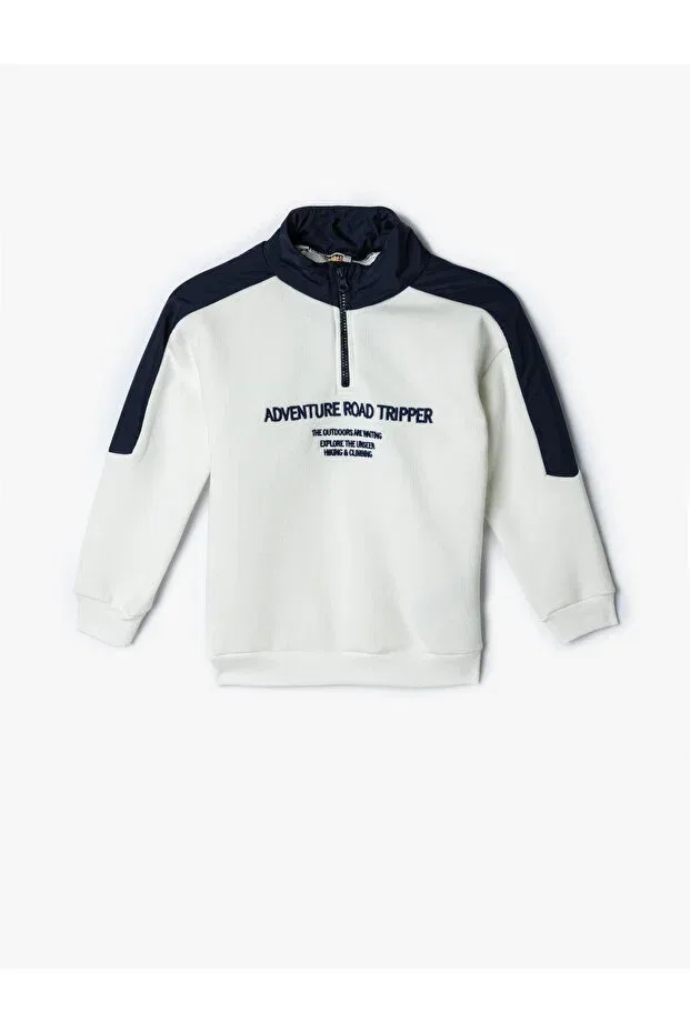Детское худи для мальчиков с принтом Stand collar half zipper cotton raised printed sweatshirt Koton, Ecru