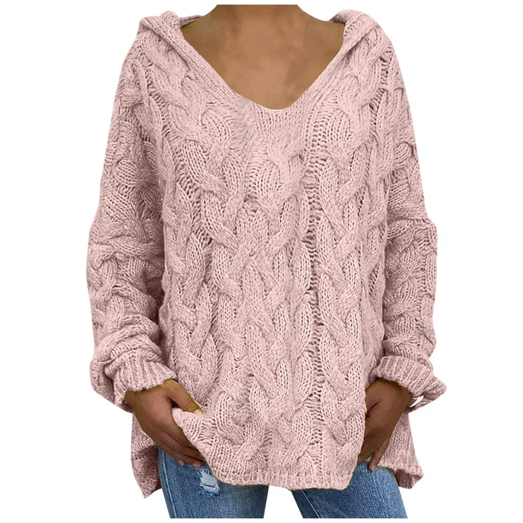 Женский свитер с косами и V-образным вырезом с длинным рукавом, Colour: Pink