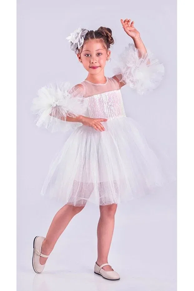 Детское платье для девочек с коротким рукавом Pon Pon Sleeve Dress Sequined Tutu Little Pumpkin, White