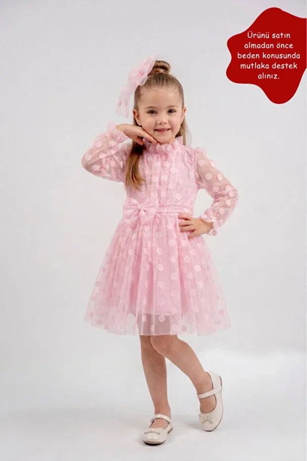 Детское вечернее платье для девочек с принтом Polka Dot Buckle Bow Detailed Eray Kids, Pink