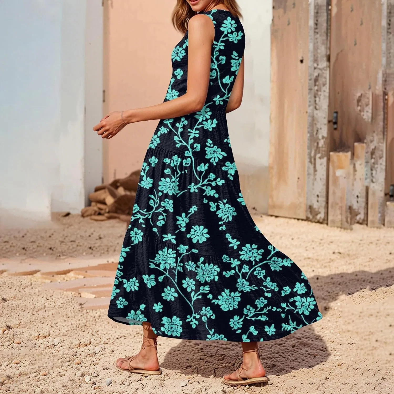 Женское летнее макси-платье с цветочным принтом, Sleeveless V Neck Tiered Ruffle, Navy — фото 3