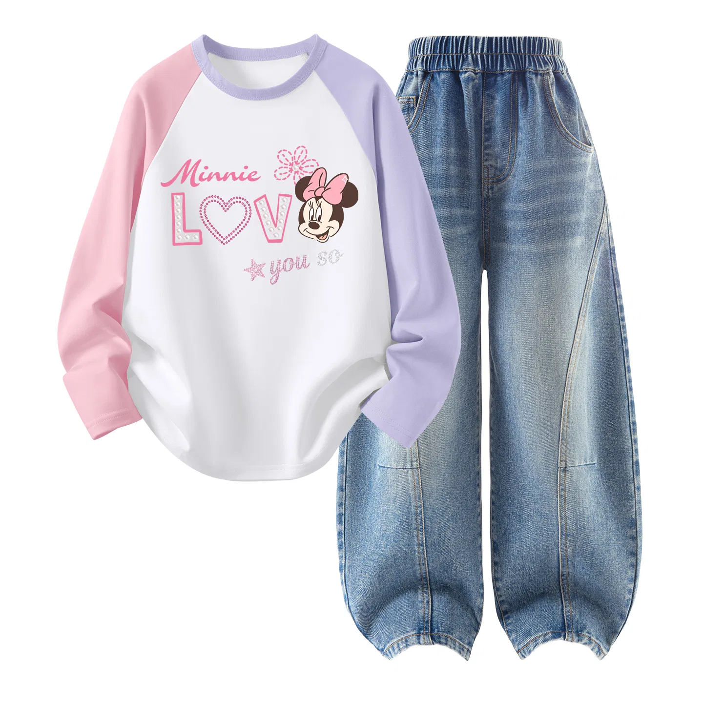 Детский спортивный комплект с круглым вырезом и принтом Di-Zhan Love Pink Purple, джинсовый синий, Disney, Di-Zhan Love Pink Purple+Solid Color Denim Blue — фото 3