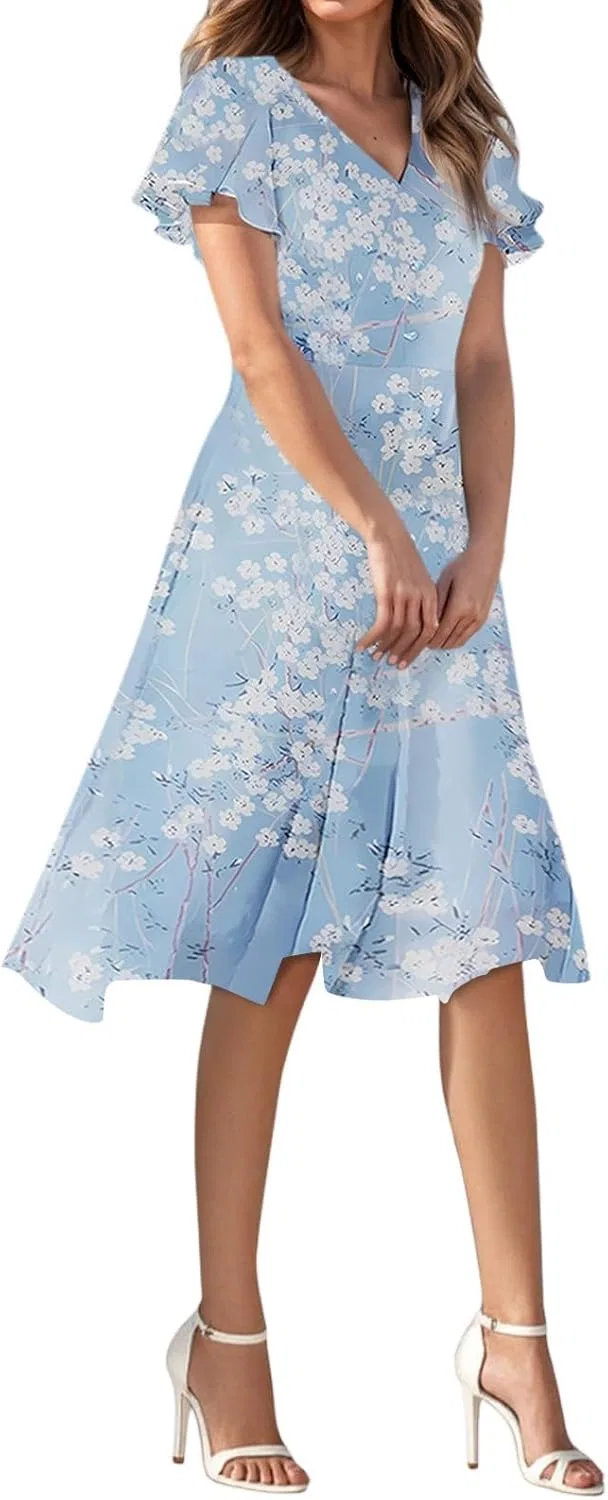 Женское повседневное платье с V-образным вырезом A-Line Floral, 04-blue