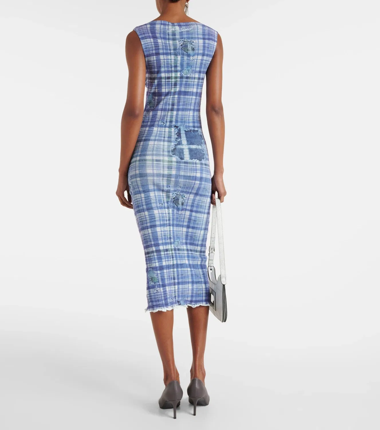 Вязаное миди-платье в клетку в рубчик Acne Studios, синий — фото 3