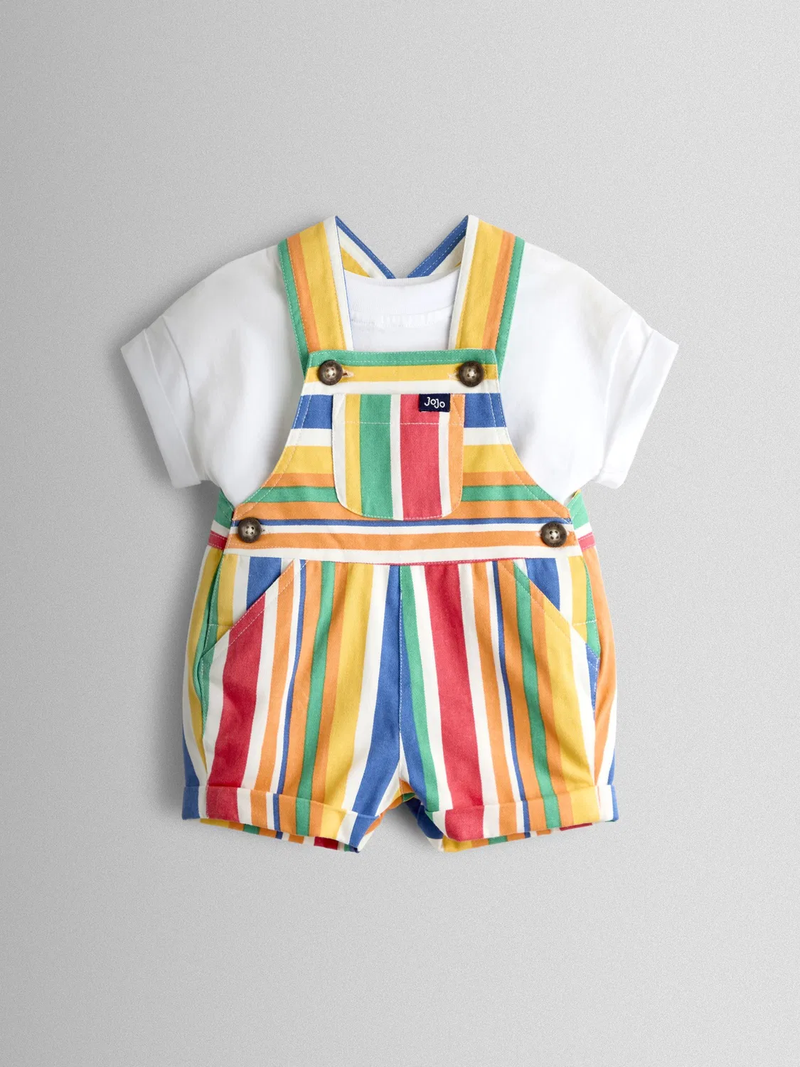 Комбинезон-ползунки 2-предметный набор Twill Dungaree Set & T-Shirt Jojo Maman Bébé, разноцветная полоска — фото 2