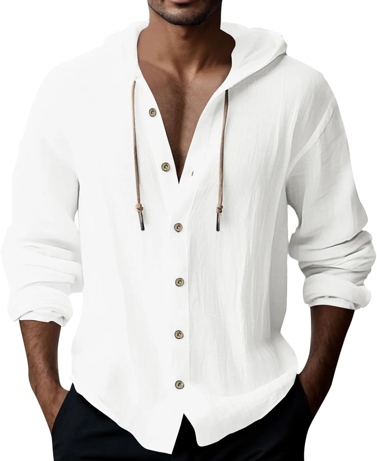 Мужская легкая льняная рубашка с капюшоном Hoodies, White