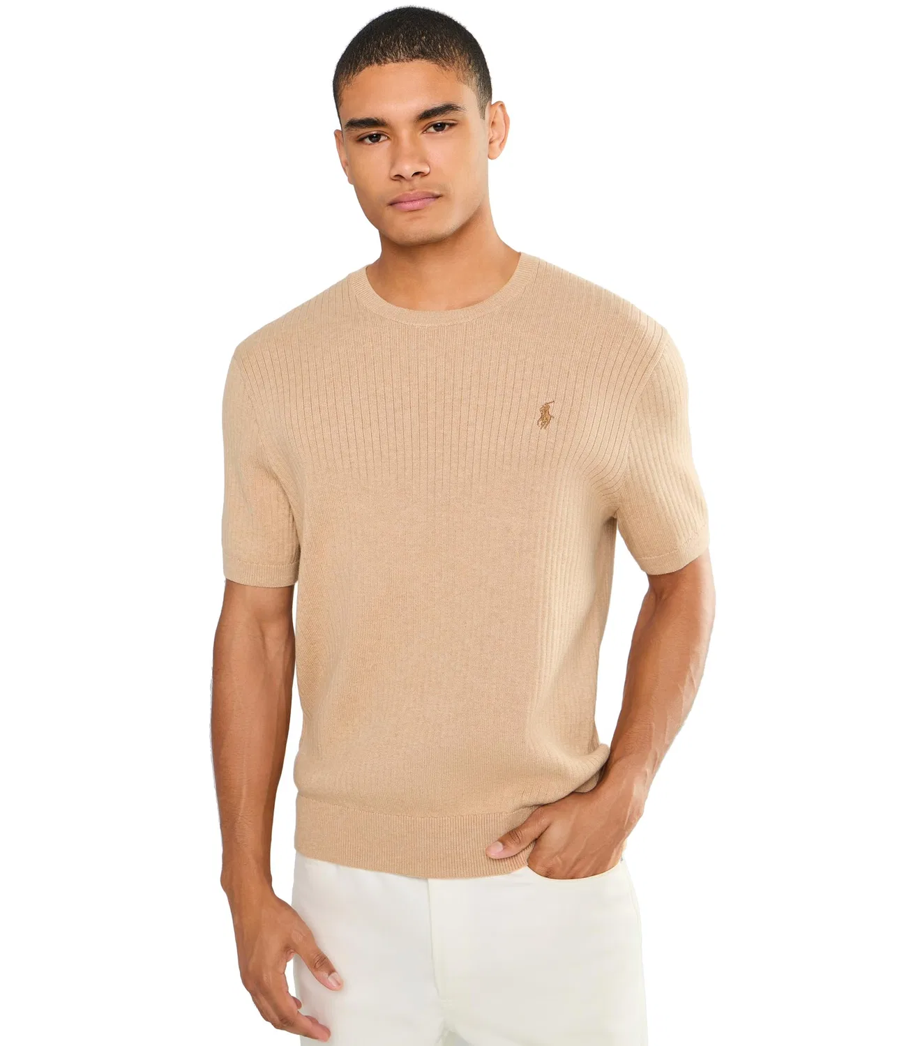 Хлопковый свитер с коротким рукавом в рубчик Polo Ralph Lauren, Camel Melange