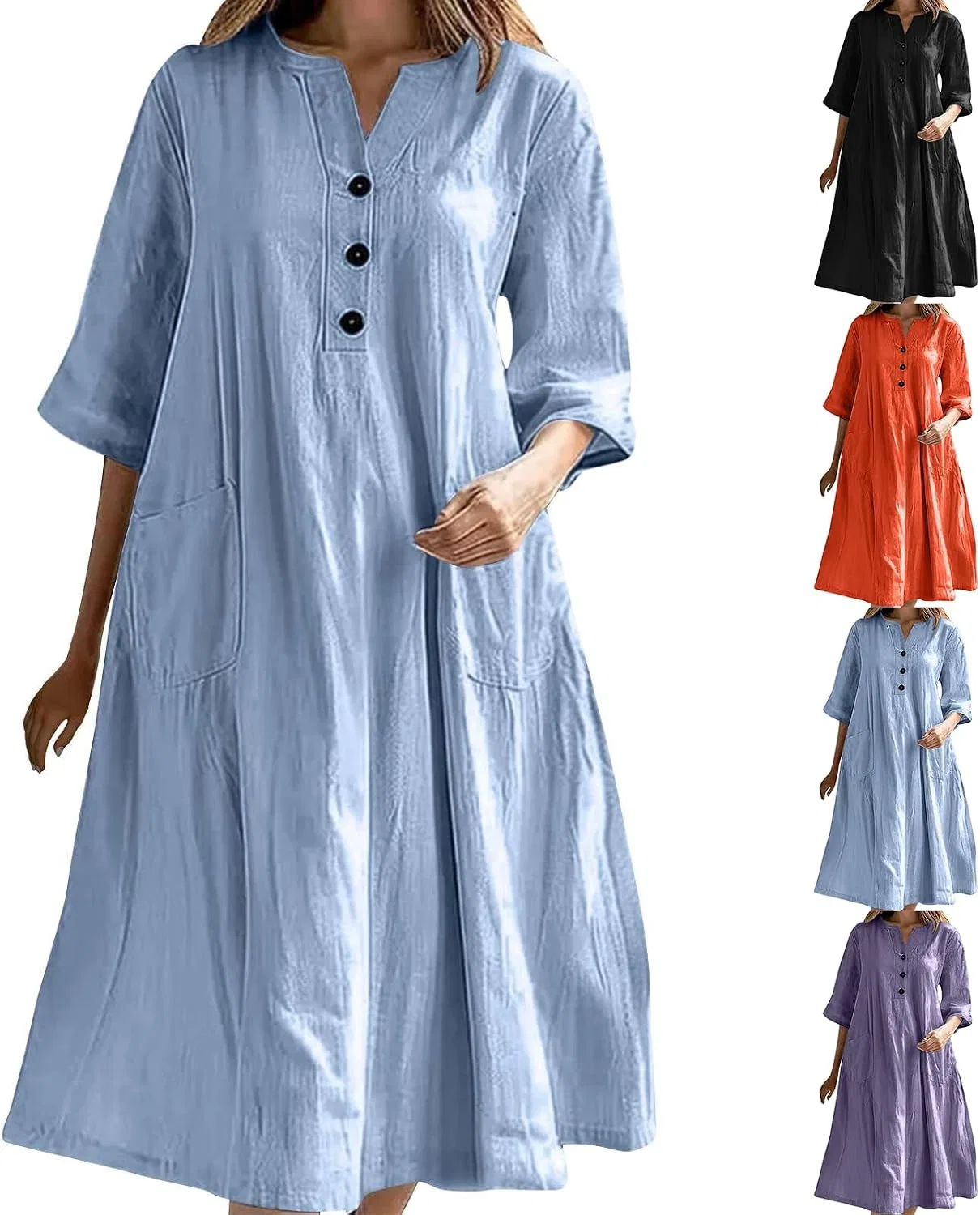 Женское льняное платье миди на пуговицах с коротким рукавом, A001-light Blue
