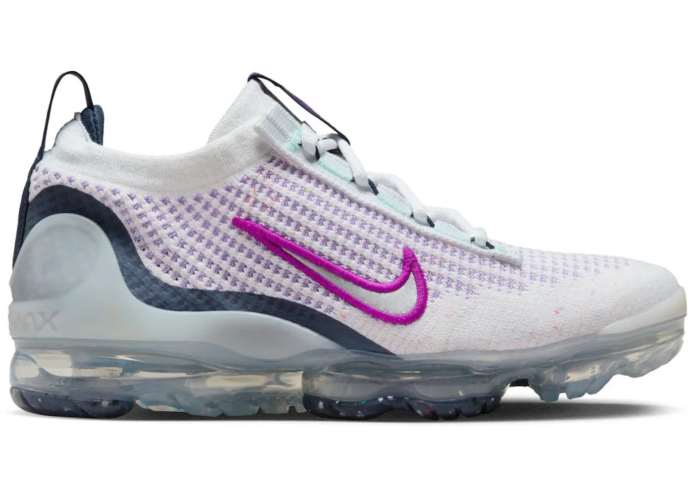 Детские кроссовки с технологией Flyknit Nike Air VaporMax 2021 FK, White/Midnight Navy/Violet Frost/Metallic Silver