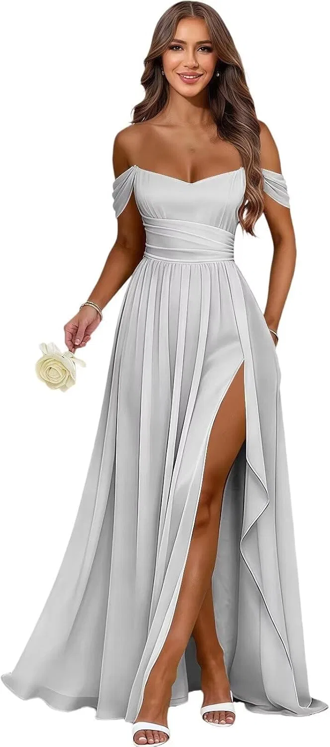 Женское вечернее платье с открытыми плечами и разрезом Chiffon, Silver