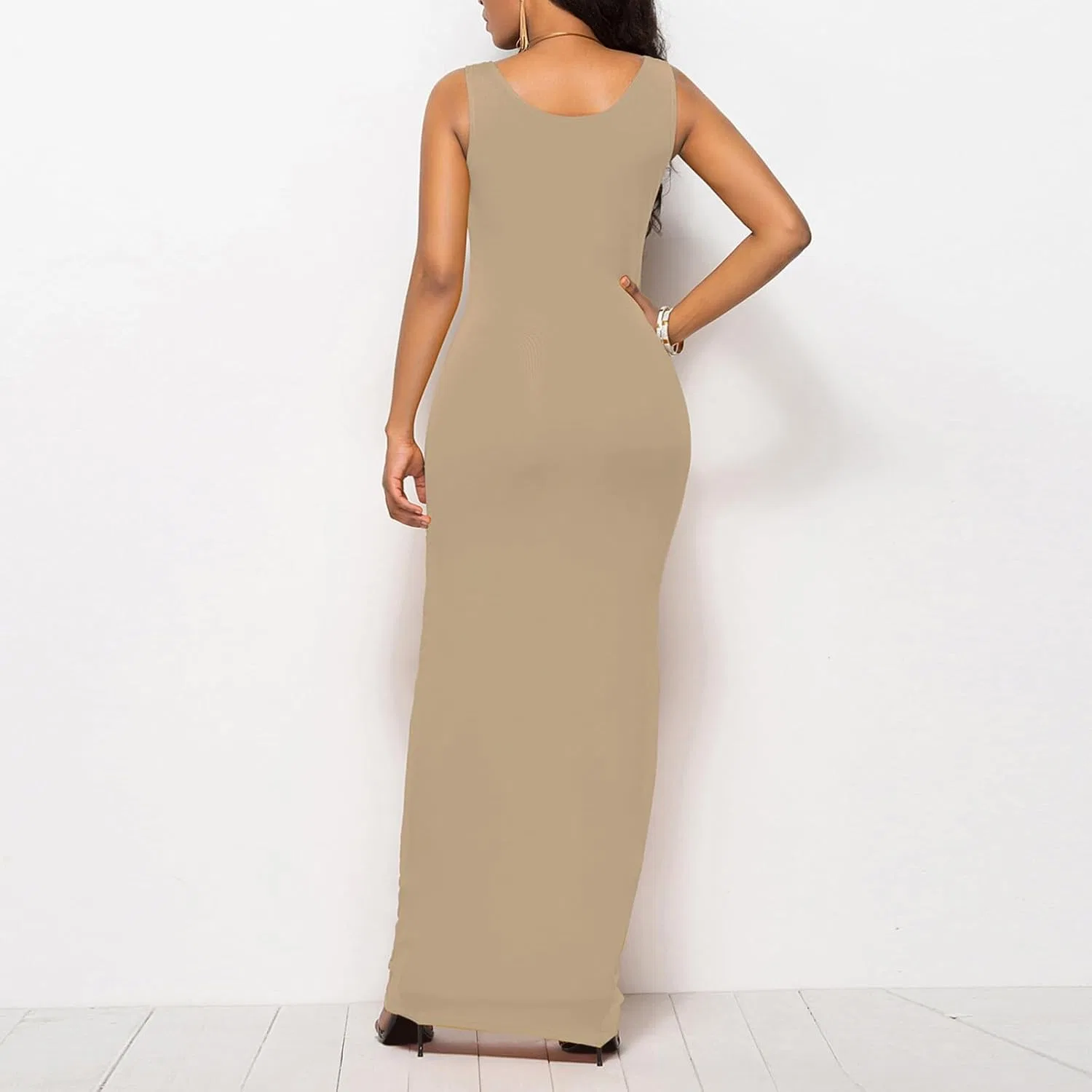 Женское облегающее макси-платье без рукавов Round Neck Stretch, Khaki — фото 3