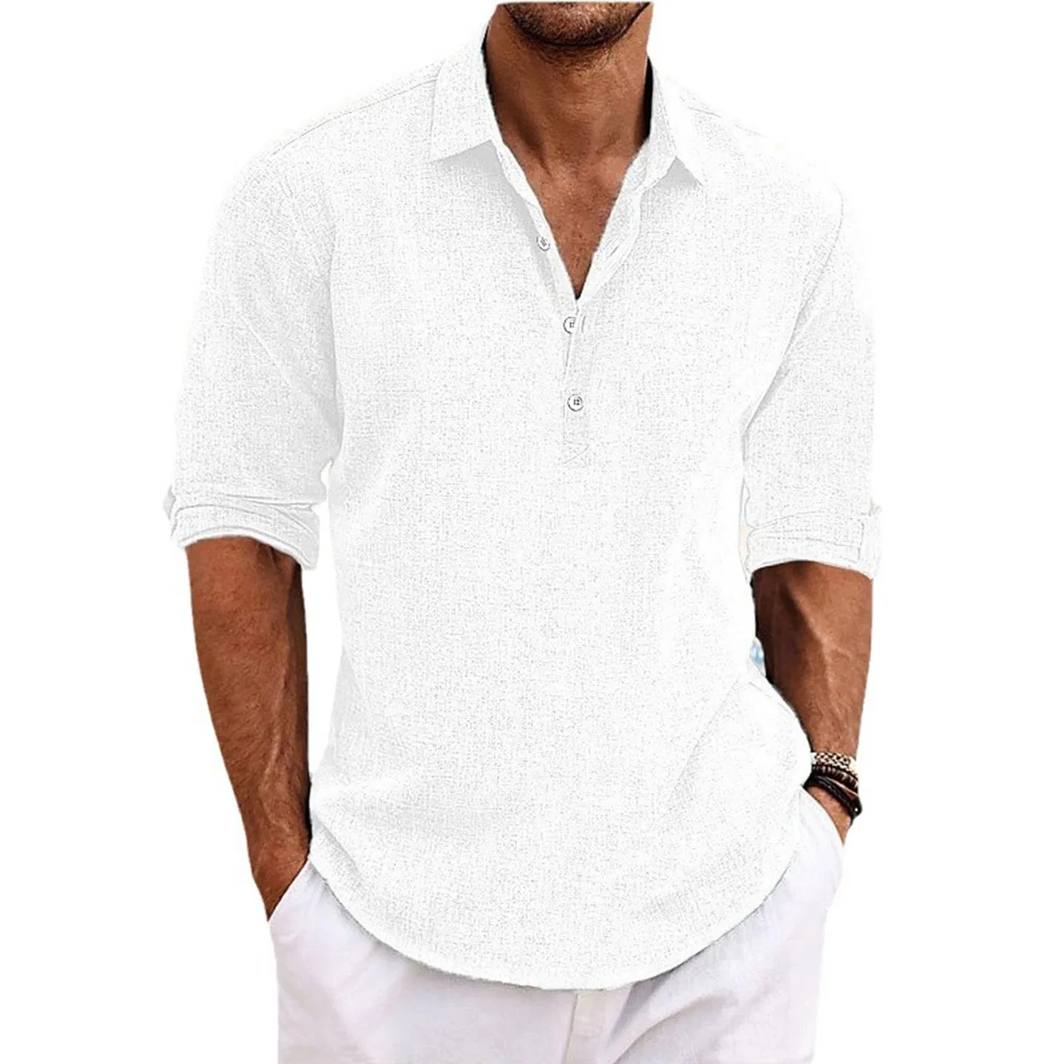 Мужская хлопковая рубашка-поло с коротким рукавом, модель Elbow Sleeve 4 Button Linen Lapel Collar, White — фото 3