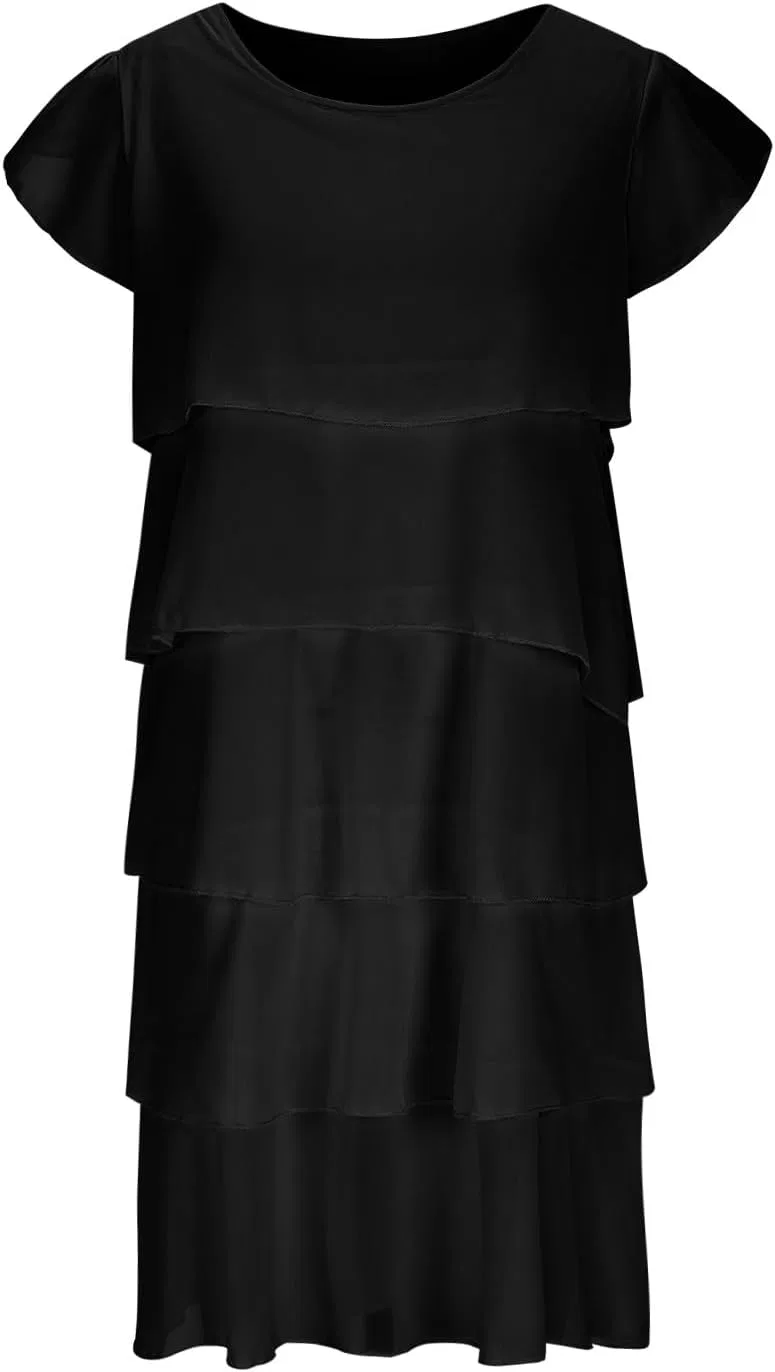Женское платье мини с рукавом-крылышком и ярусами, Black — фото 3