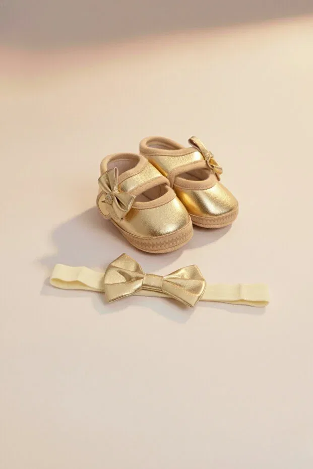 Детские пинетки для новорожденных без каблука с липучкой Petite Logo Aksesuar, Gold — фото 4
