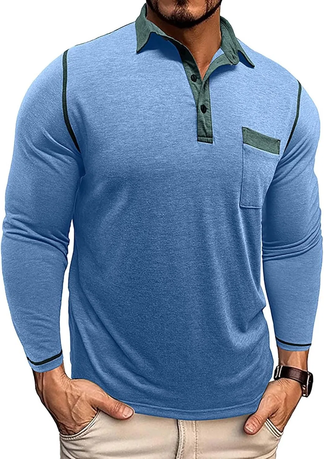 Мужская длинная футболка поло с карманом Light Blue