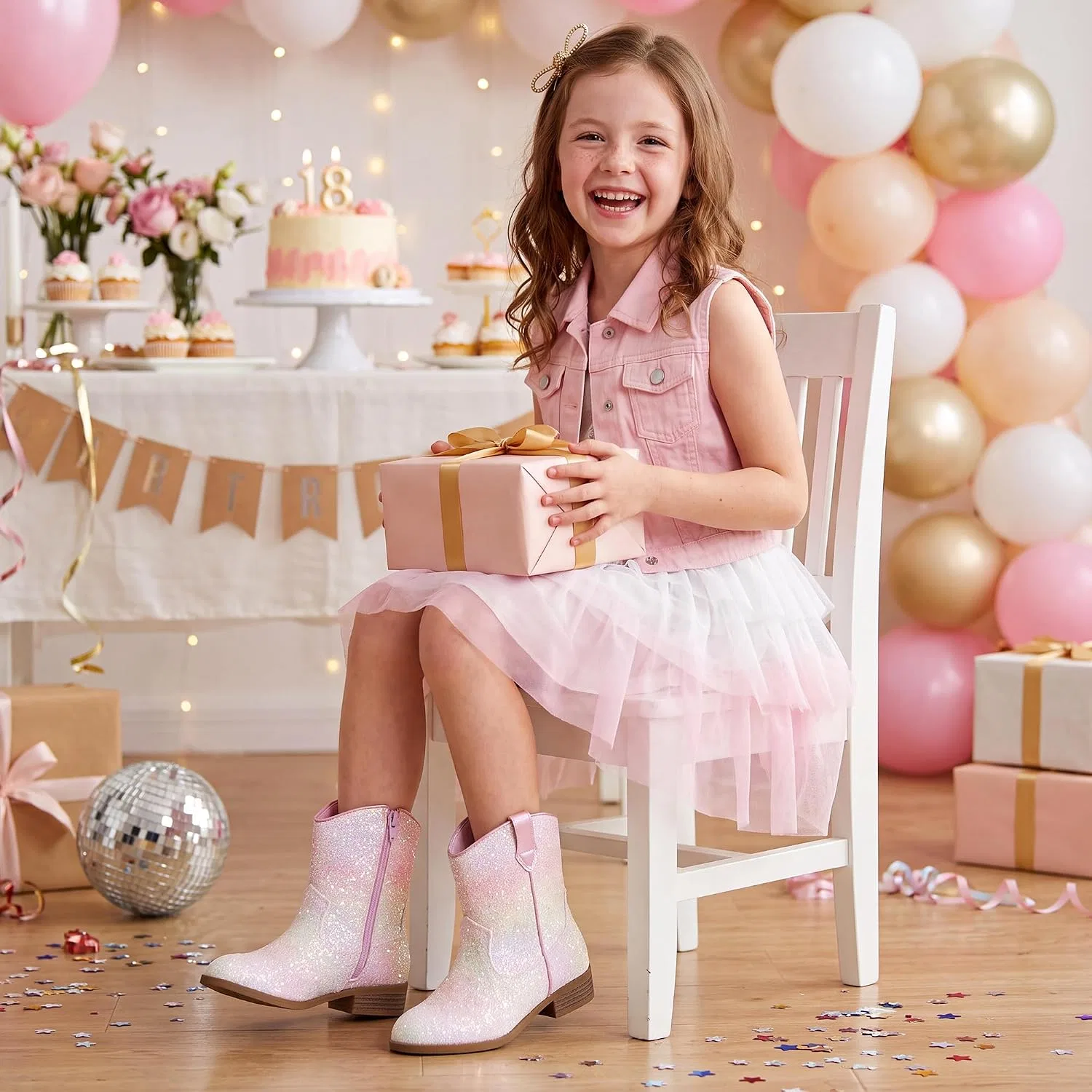 Детские сапоги для девочек с блестками Cowgirl Boots Stelle, Pink Ombre Glitter — фото 3