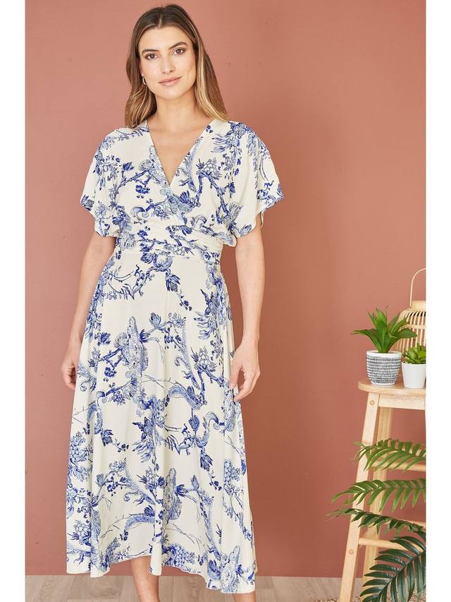 

Платье миди с рюшами на талии Yumi, цвет White/Blue