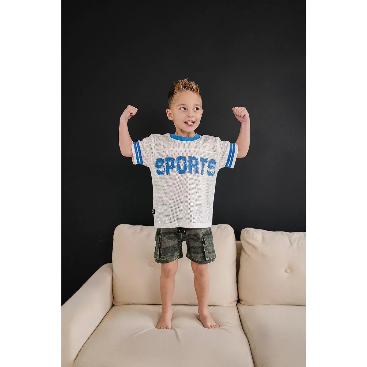 Детская футболка-джерси с принтом Varsity Mesh Jersey Graphic Boxy Fit Short Sleeve Tee Olive + Scout, Blue — фото 3