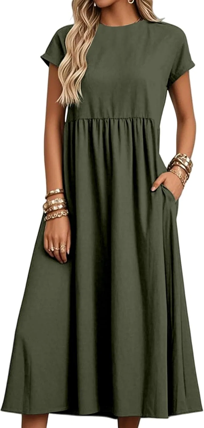 Женское летнее платье свободного кроя с карманами, Army Green
