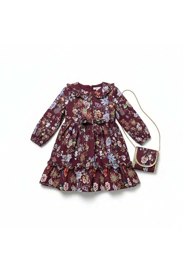 Детское платье для девочек хлопковое Floral girl's dress with bag Seabubbles, Burgundy — фото 3