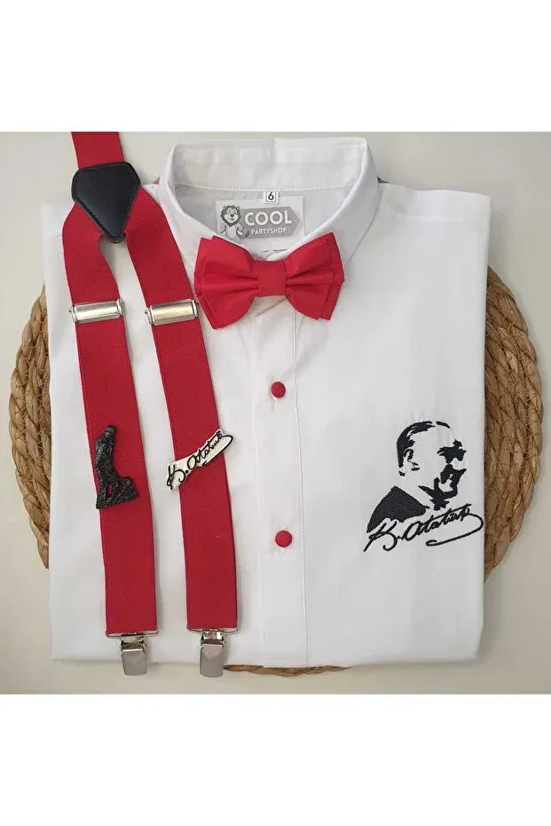 Детская рубашка для мальчиков с вышивкой 29 October Ataturk Embroidered Shirt With Suspender Bow Tie Cool Partyshop, Red — фото 3