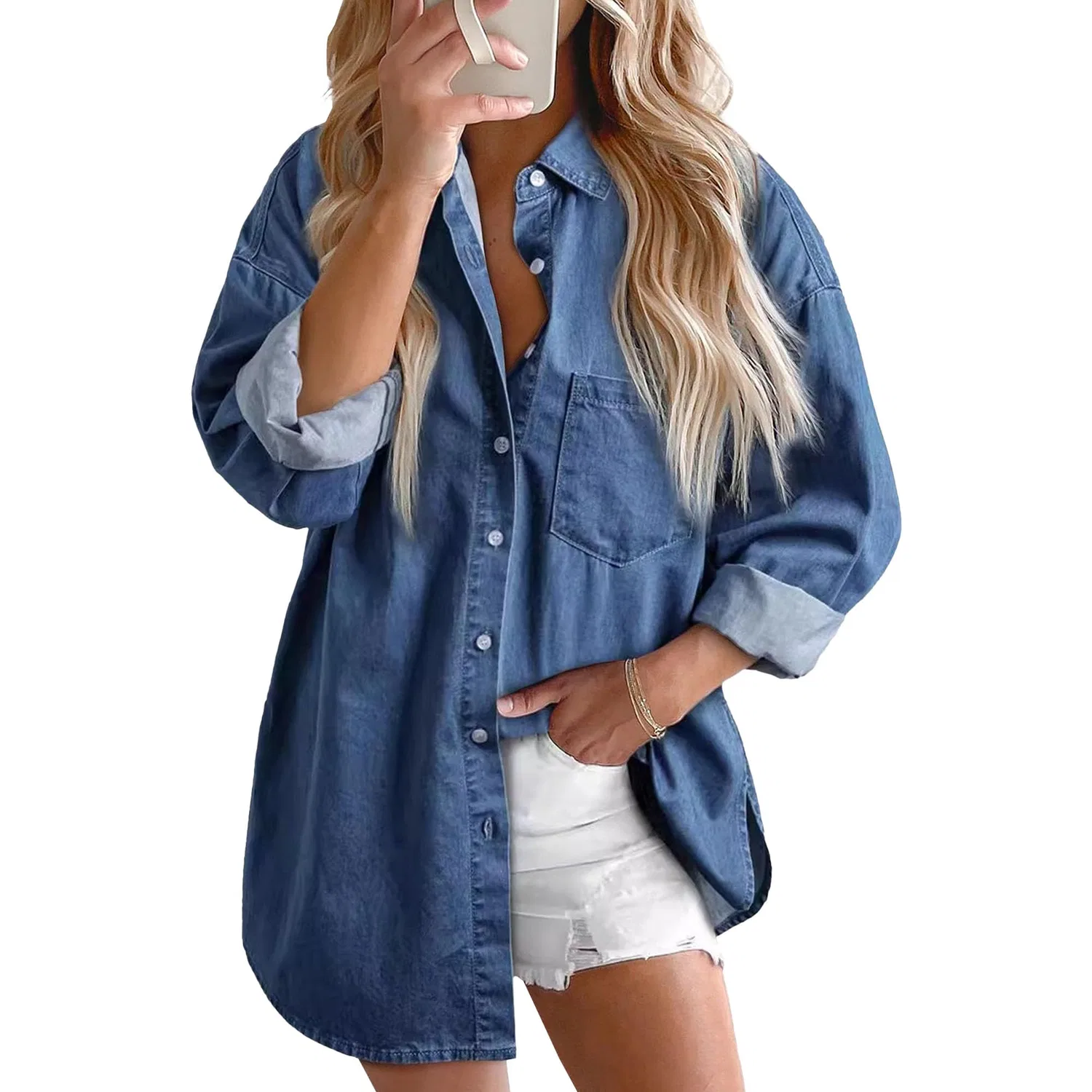 Женская джинсовая рубашка oversize с V-образным вырезом, Blu