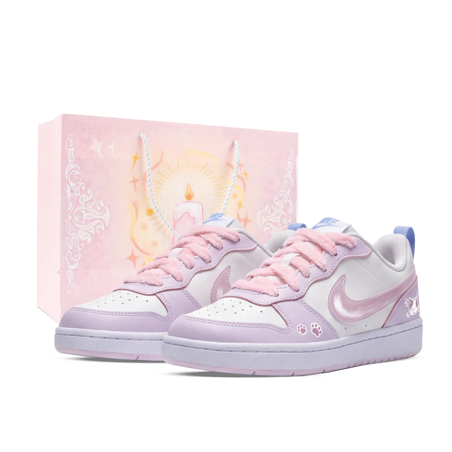 Детские скейтбординг-кроссовки с ручной росписью COURT BOROUGH RECRAFT Nike, White Pink Blue