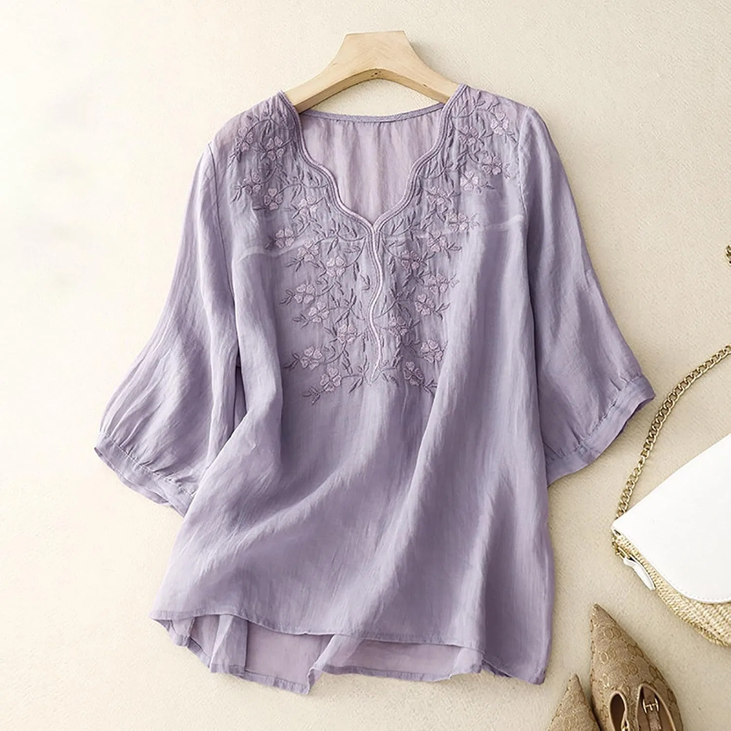 Женская туника с вышивкой и коротким рукавом, свободная, Vintage Dressy, фиолетовый — фото 2