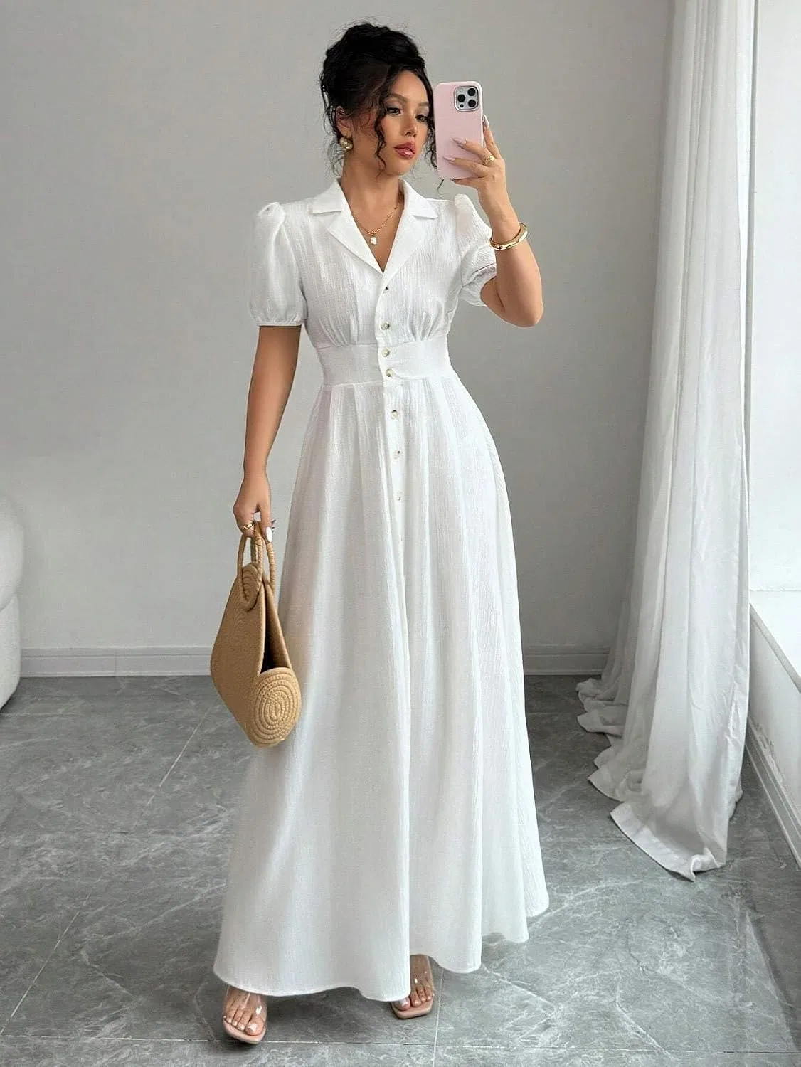 Женское элегантное платье-рубашка с пышными рукавами, Beige — фото 2