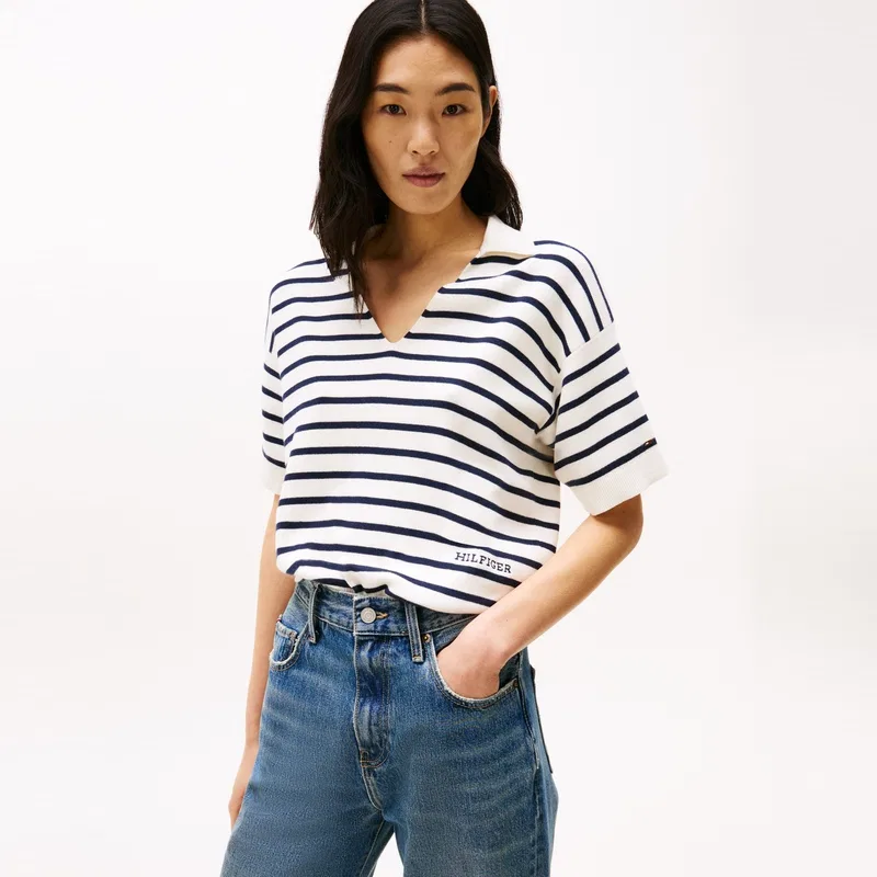 Женский джемпер-поло с коротким рукавом и полосками Tommy Hilfiger, Beige White Navy Blue Stripes — фото 4