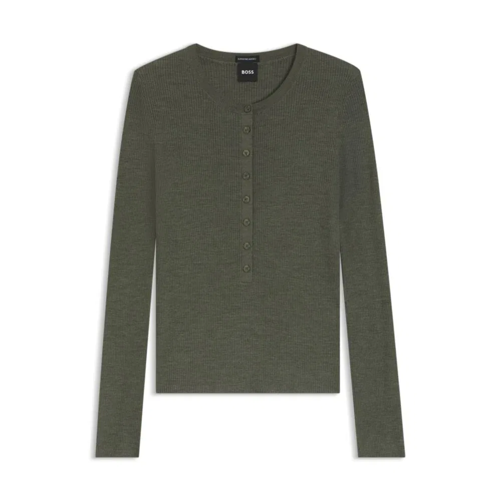 Женский свитер с воротником хенли из мериносовой шерсти BOSS, Dark Green