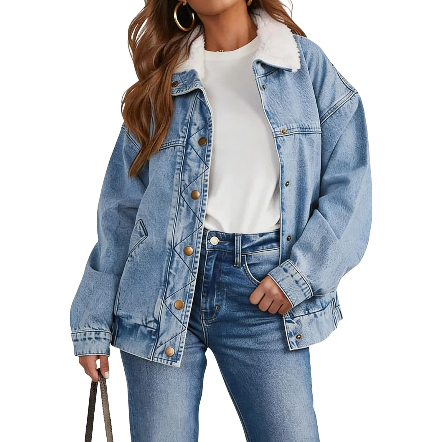 Женское джинсовое пальто с флисовой подкладкой Oversized Winter Fuzzy Coat, Baby blue light