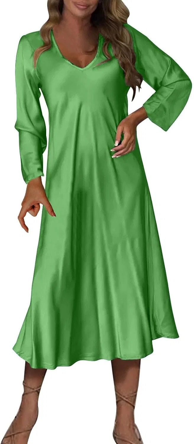 Женское сатиновое платье миди свободное V-образный вырез Satin Midi Dress, Green