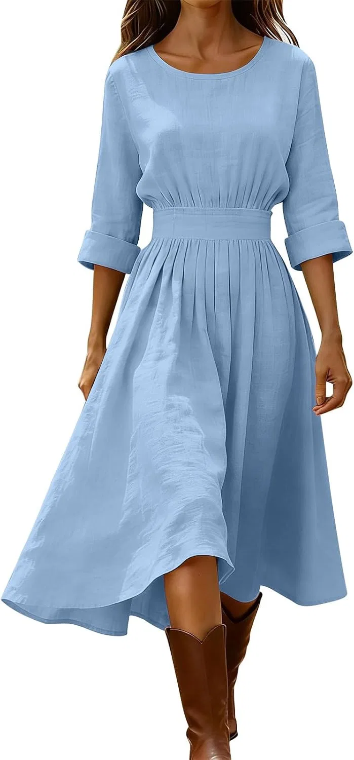 Женское летнее платье из хлопка и льна с длинным рукавом, Light Blue
